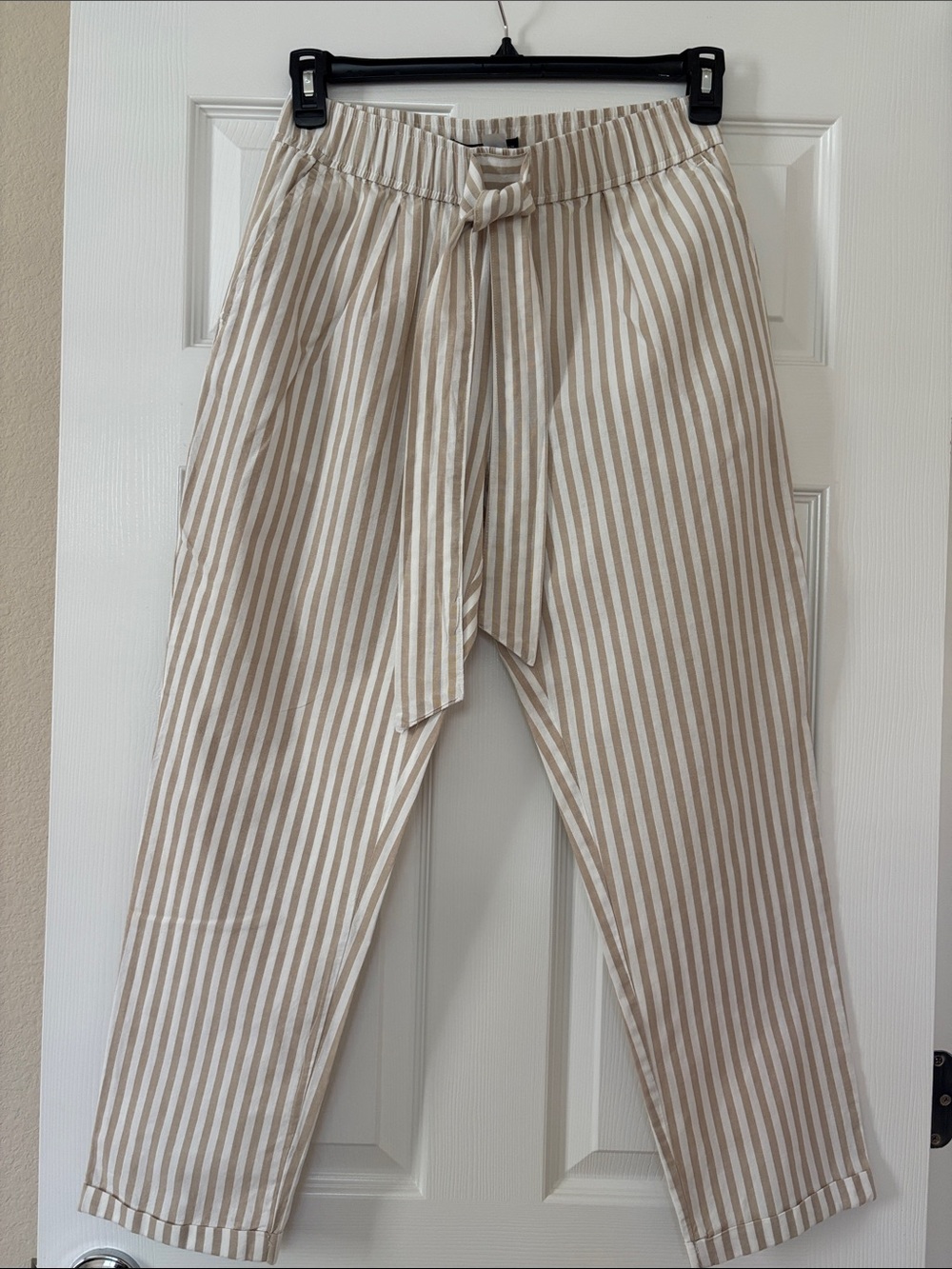 Zara Beige & White Vertical-Stripe Elastic Waist Cotton Pants